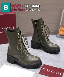 Boot GUCCI cổ lỡ màu xanh rêu cao cấp da bê mềm mại thiết kế dây buộc cổ điển