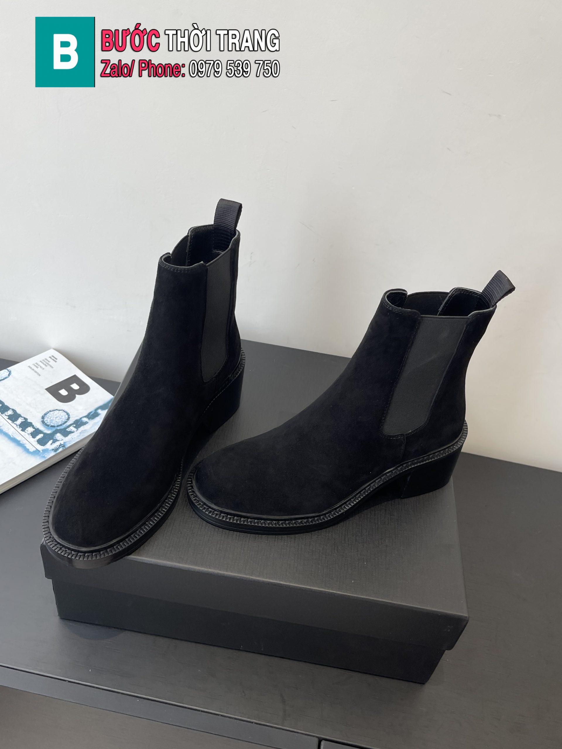 Boot YSL cao cấp màu đen da lộn mềm mịn phong cách basic sang trọng