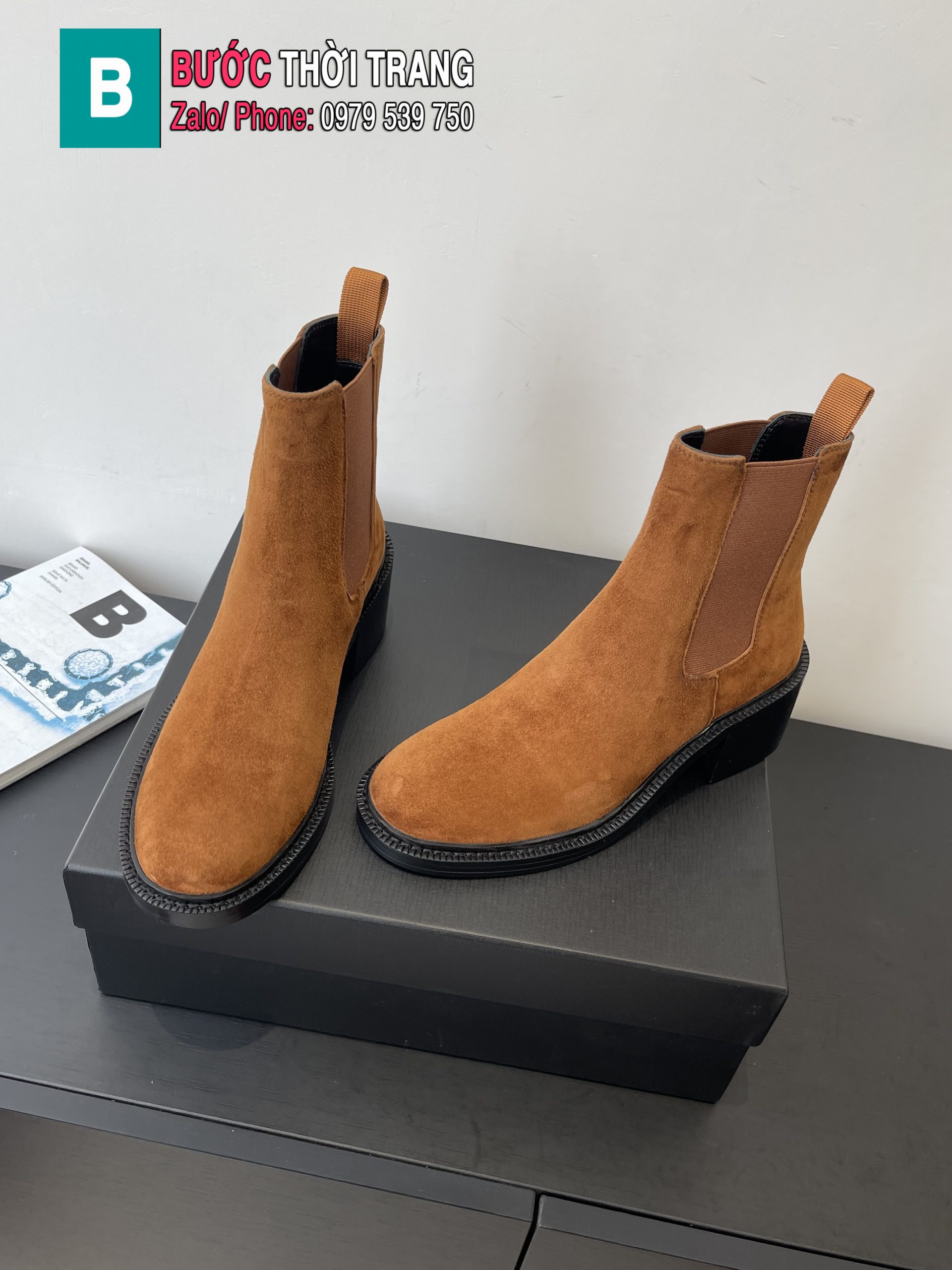 Boot YSL cao cấp màu nâu vàng da lộn mềm mịn phong cách basic sang trọng