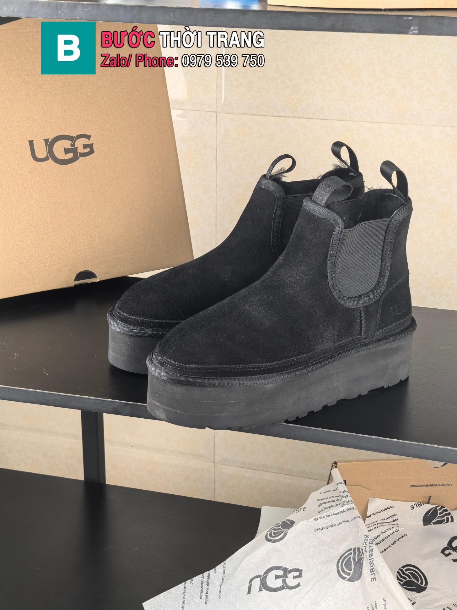 Boot UGG cổ chun màu đen da bò mềm mịn đế cao tôn dáng