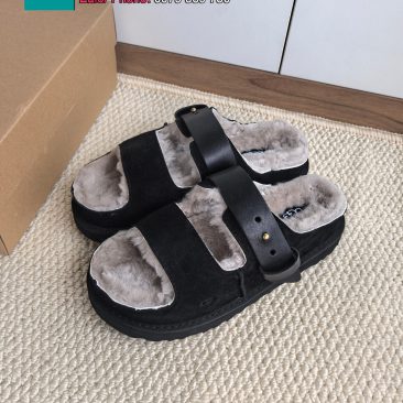 Dép lông UGG màu đen lót lông ấm áp đế cao su đàn hồi bền bỉ