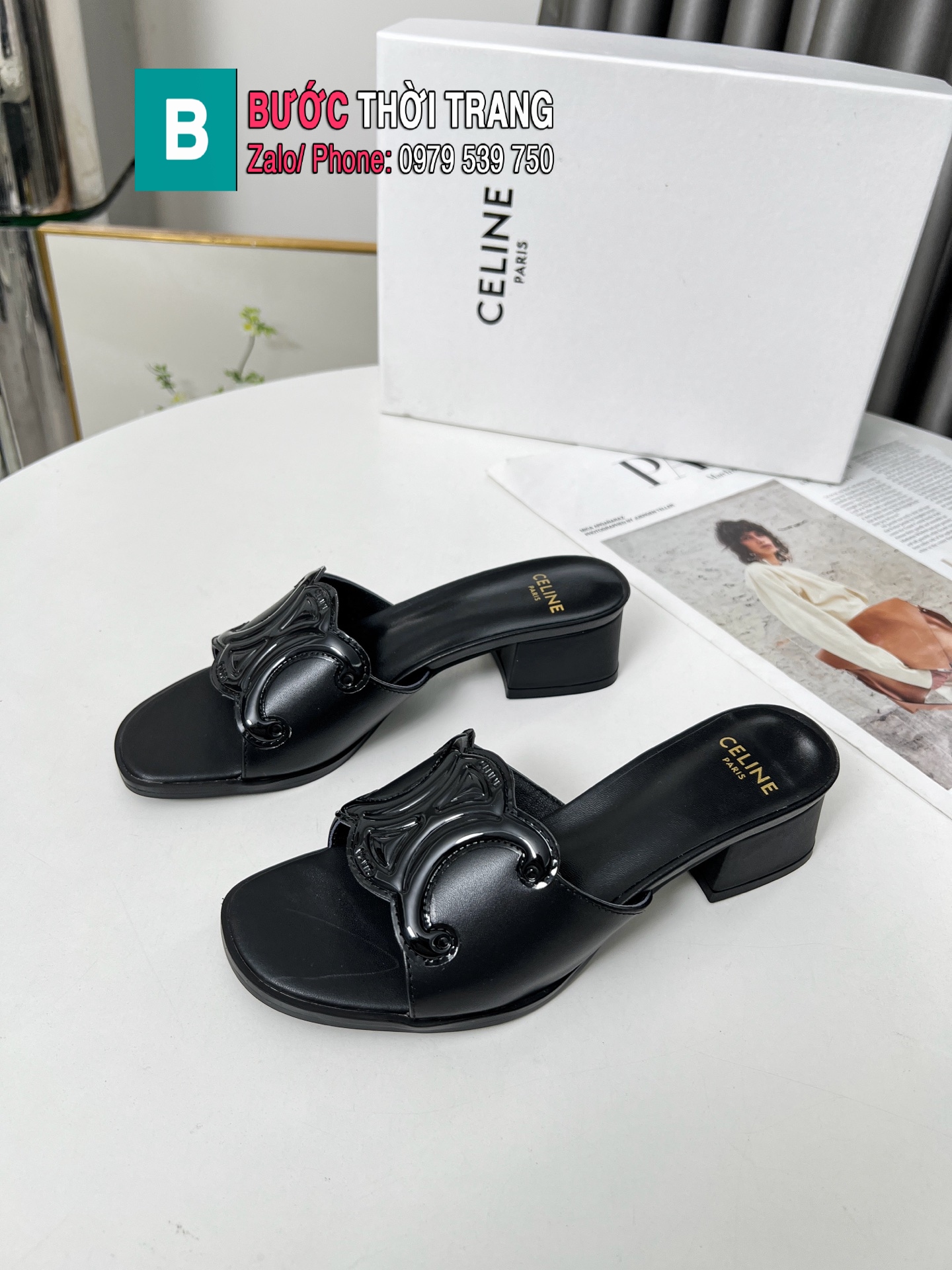Dép cao gót CELINE màu đen cao cấp da bò mềm đanh sang trọng trong từng bước chân