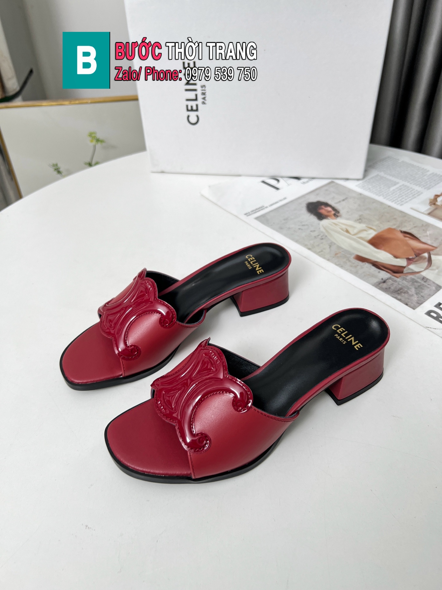 Dép cao gót CELINE màu đỏ đô cao cấp da bò mềm đanh sang trọng trong từng bước chân