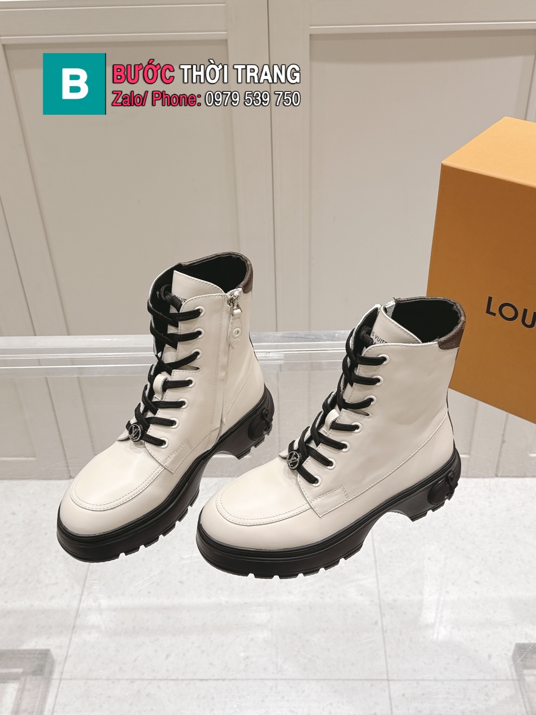 Giày boot LV cao cấp màu be cổ cao vừa chế tác từ da bê hạt mịn phong cách cá tính