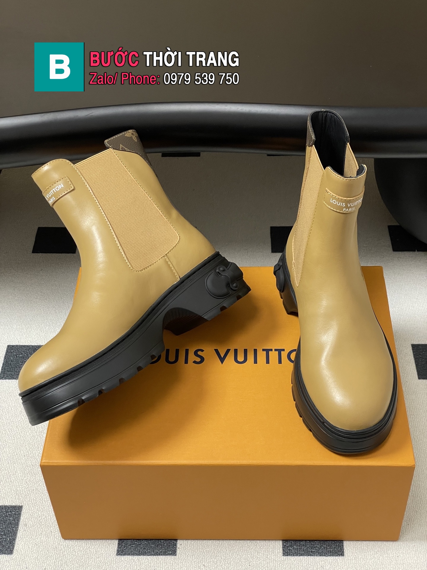 Giày bốt LV Squad Chelsea thời thượng màu be nâu cổ chun tinh tế chế tác từ da bò trơn mịn đế cao 5cm