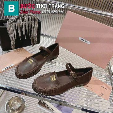 Giày búp bê MIU MIU màu nâu phong cách cổ điển sang trọng da cừu mềm mại