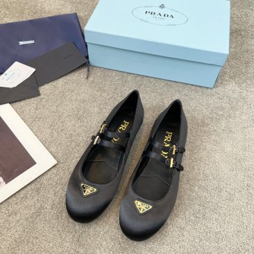 Giày búp bê PRADA màu đen cao cấp da mềm mũi tròn quai ngang kép xinh xắn