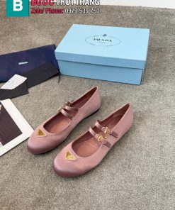 Giày búp bê PRADA màu hồng cao cấp da mềm mũi tròn quai ngang kép xinh xắn
