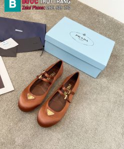Giày búp bê PRADA màu nâu cao cấp da mềm mũi tròn quai ngang kép xinh xắn