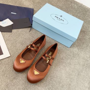 Giày búp bê PRADA màu nâu cao cấp da mềm mũi tròn quai ngang kép xinh xắn