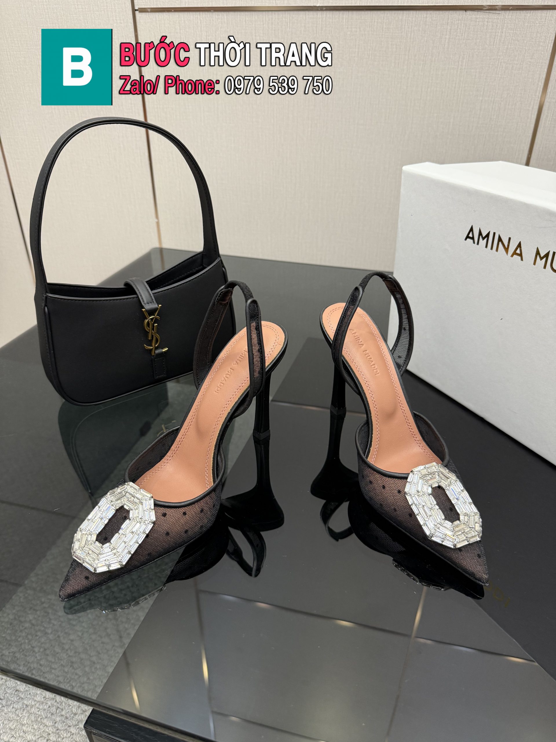 Giày cao gót Amina Muaddi màu đen siêu cấp đính đá lấp lánh đế cao 9.8cm