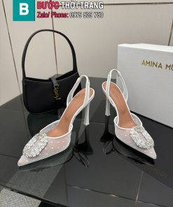 Giày cao gót Amina Muaddi màu trắng siêu cấp đính đá lấp lánh đế cao 9.8cm
