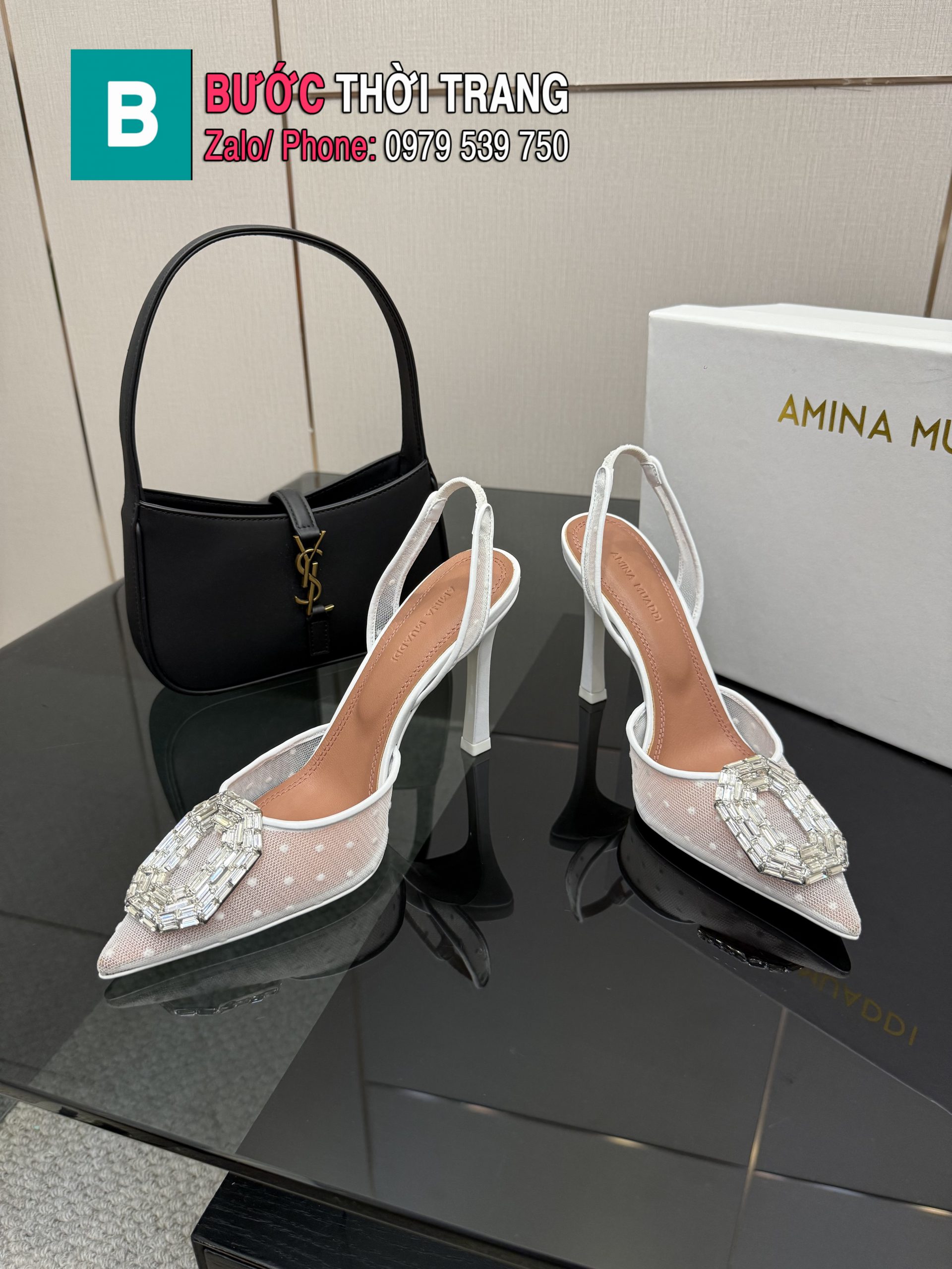 Giày cao gót Amina Muaddi màu trắng siêu cấp đính đá lấp lánh đế cao 9.8cm