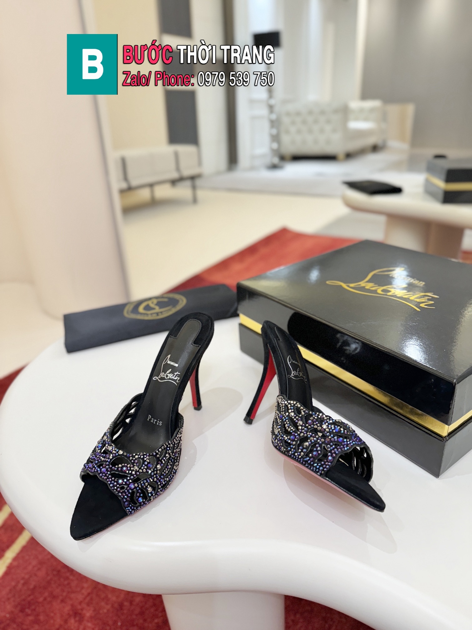 Giày cao gót Christian Louboutin cao cấp màu đen chất liệu da cừu Fever sang trọng đế cao 10cm tôn dáng