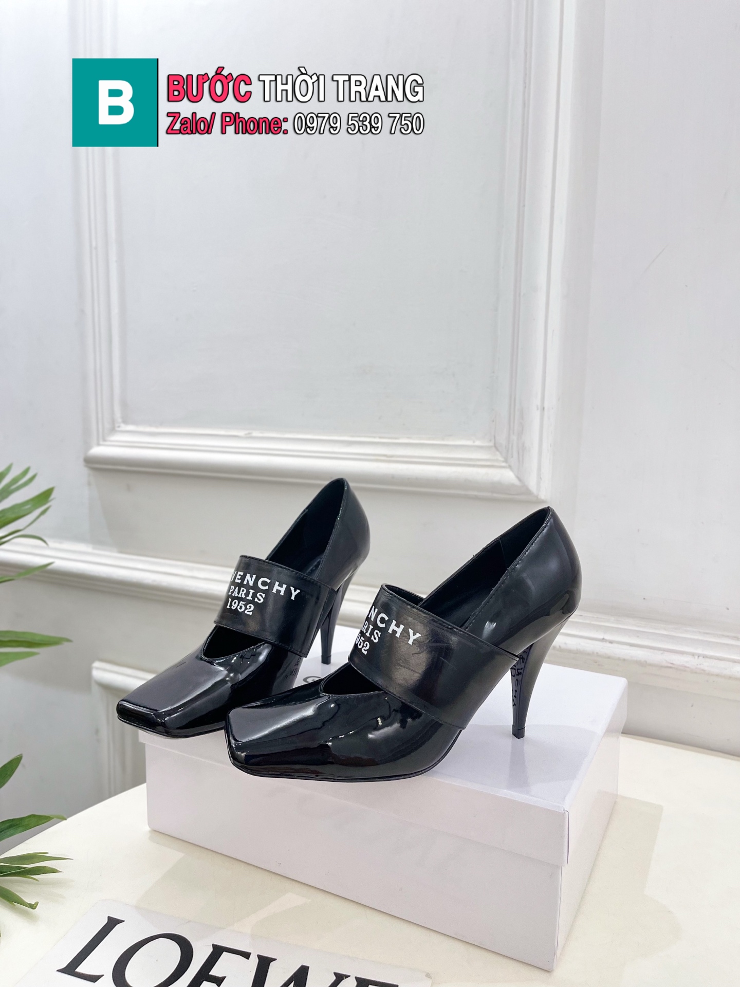Giày cao gót Givenchy siêu cấp màu đen mũi vuông phong cách đế cao 9cm