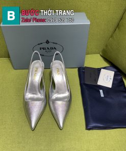 Giày cao gót PRADA màu bạc mặt da Saffiano nổi bật đế cao 7.5cm