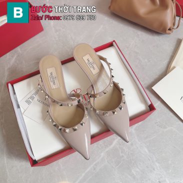 Giày cao gót VALENTINO màu be mũi nhọn cao cấp họa tiết đinh tán cá tính đế cao 6,5cm và 9,5cm