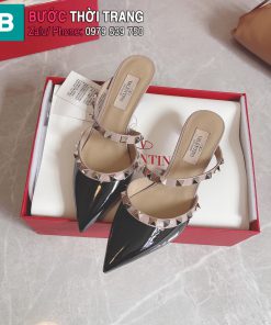 Giày cao gót VALENTINO màu đen mũi nhọn cao cấp họa tiết đinh tán cá tính đế cao 6,5cm và 9,5cm
