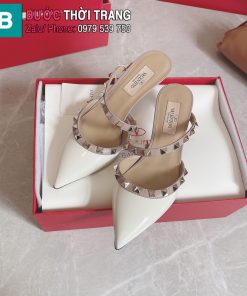 Giày cao gót VALENTINO màu trắng mũi nhọn cao cấp họa tiết đinh tán cá tính đế cao 6,5cm và 9,5cm