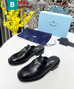 Giày loafer mũi tròn phong cách Prada màu đen da bò bóng cao cấp mềm