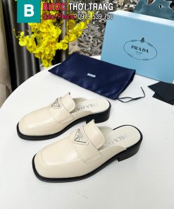 Giày loafer mũi tròn phong cách Prada màu trắng da bò bóng cao cấp mềm