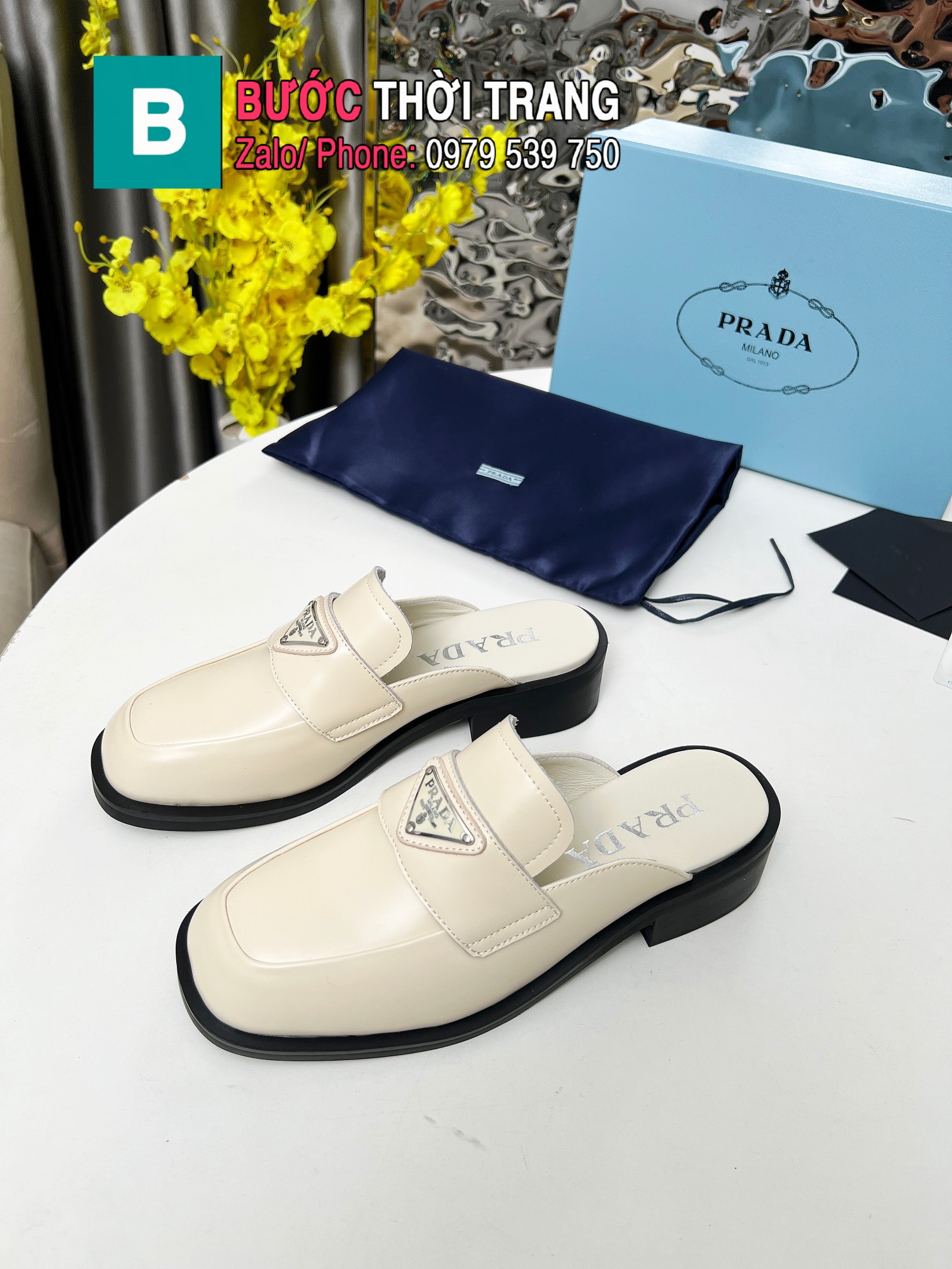 Giày loafer mũi tròn phong cách Prada màu trắng da bò bóng cao cấp mềm