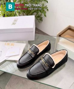 Giày lười CD màu đen da bò trơn mịn cao cấp được lót lông mềm êm