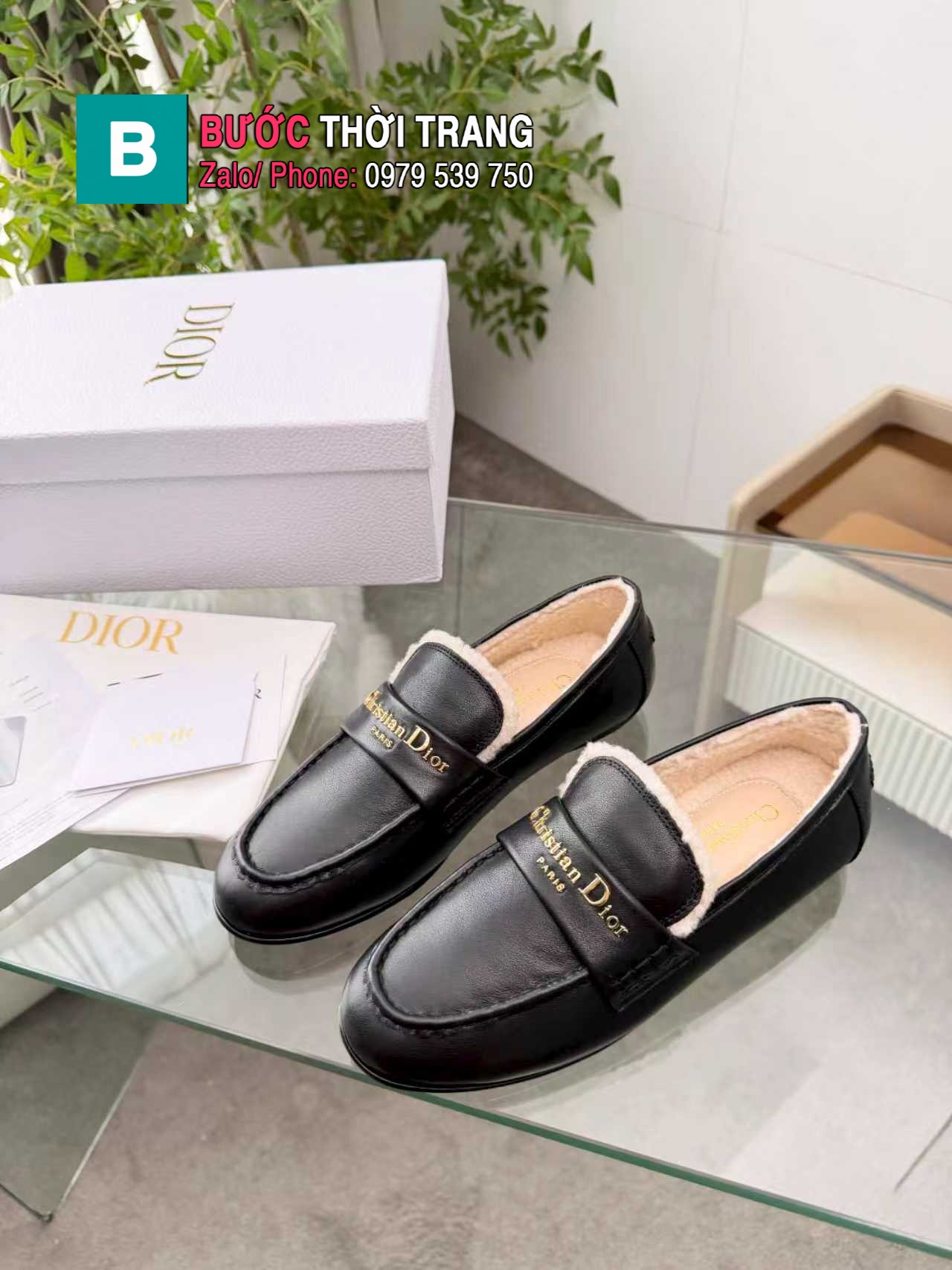 Giày lười CD màu đen da bò trơn mịn cao cấp được lót lông mềm êm