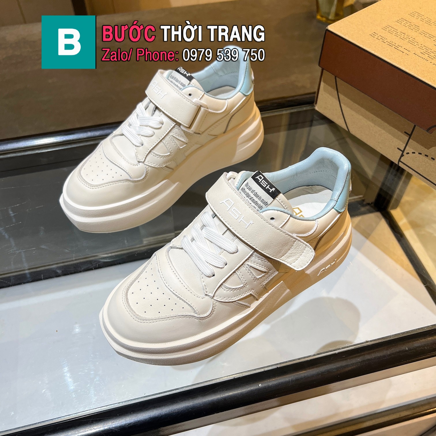 Giày thể thao ASH màu trắng gót xanh cao cấp phong cách năng động