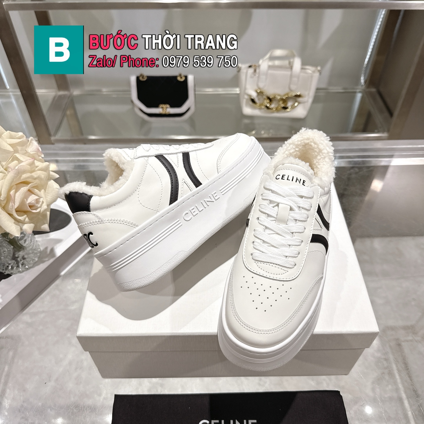 Giày thể thao CELINE sneaker màu trắng kẻ đen da bê cao cấp được lót lông dày ấm mềm êm