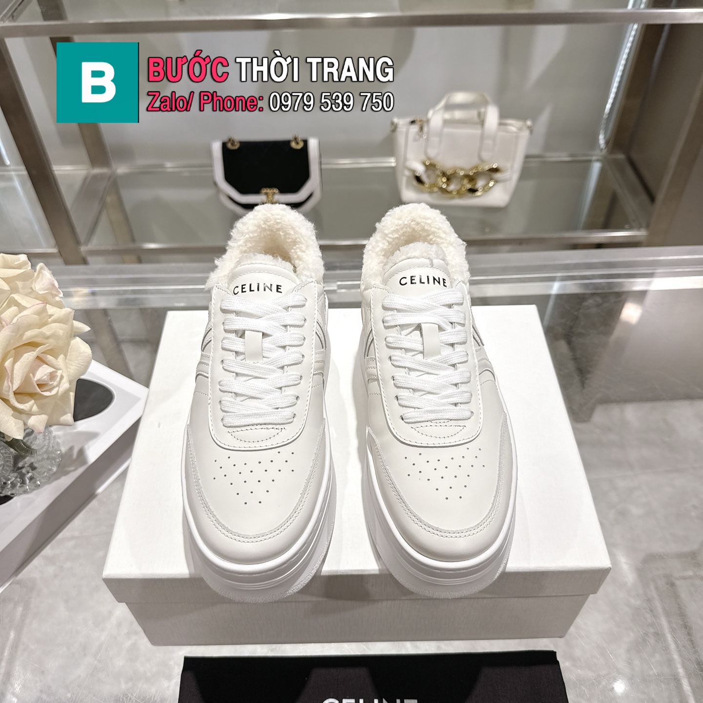 Giày thể thao CELINE sneaker màu trắng da bê cao cấp được lót lông dày ấm mềm êm