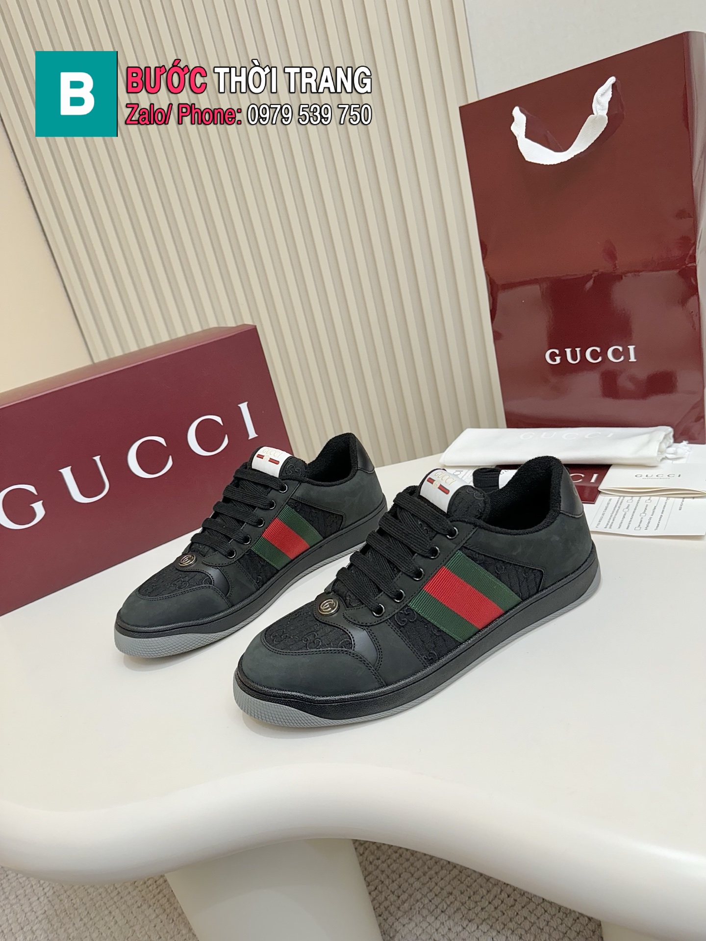 Giày sneaker GUCCI màu đen cao cấp mũi tròn phong cách retro thời thượng đẳng cấp