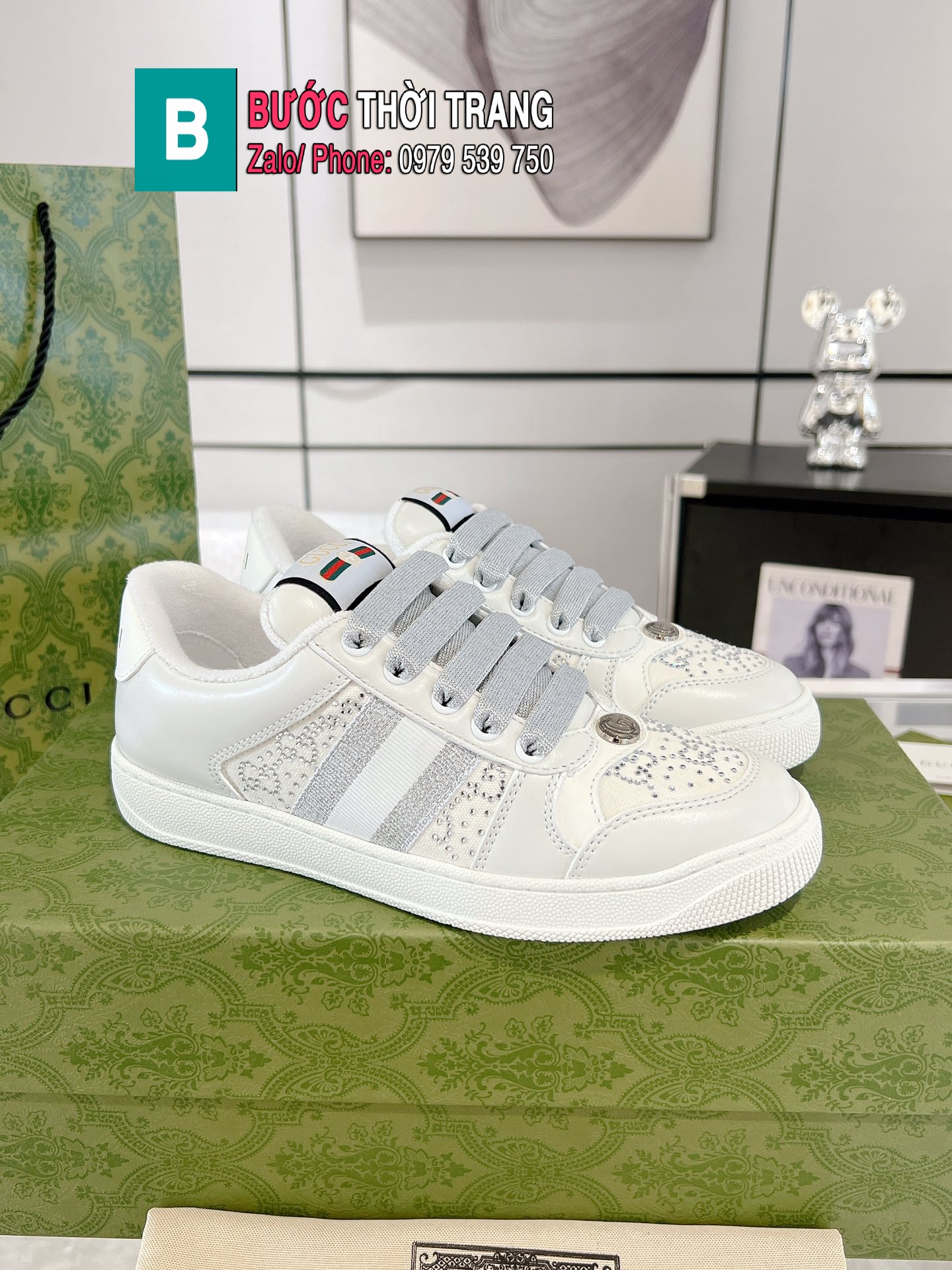 Giày thể thao Gucci Screener cao cấp màu ghi trắng sang trọng