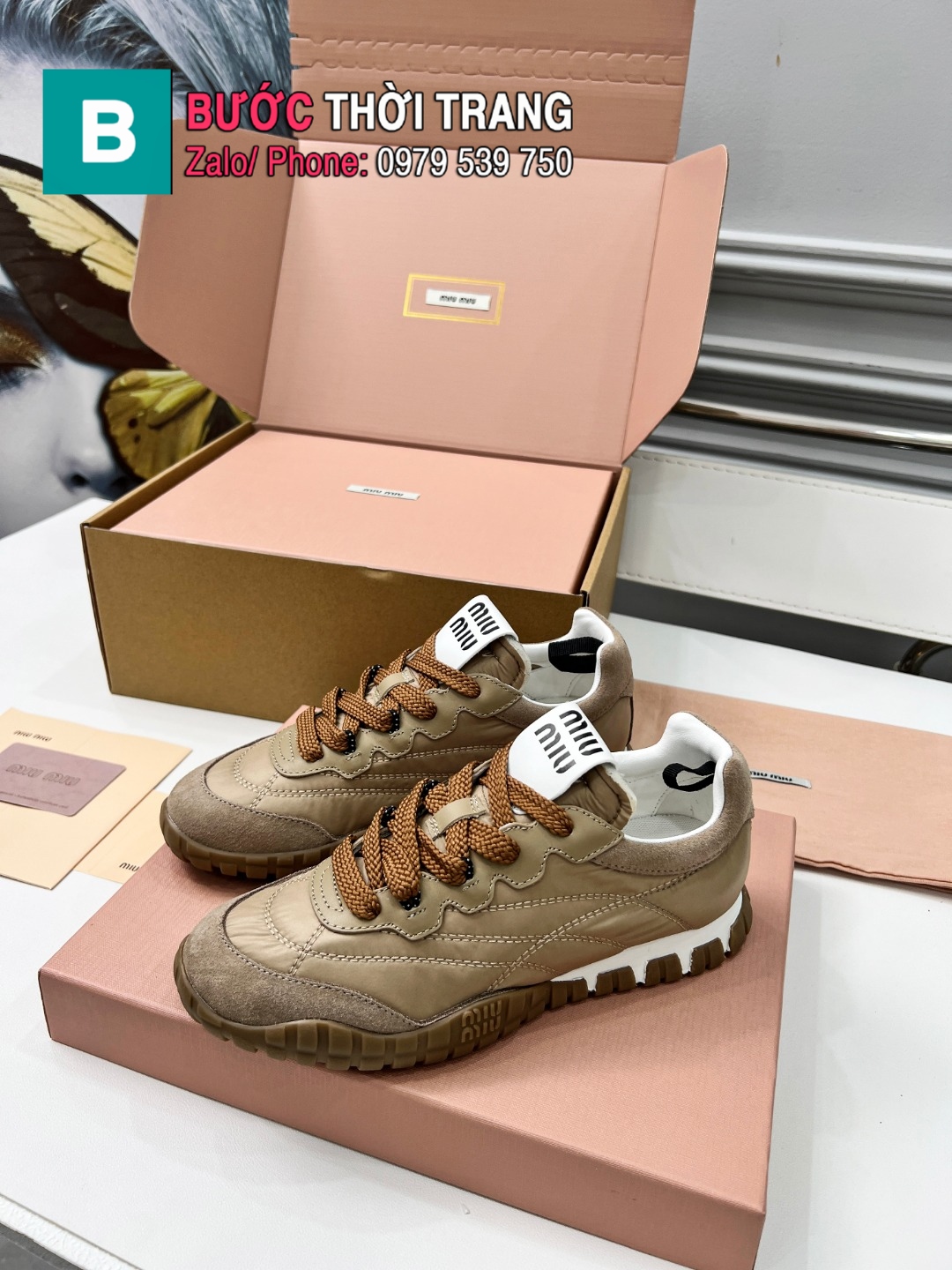 Giày thể thao MIU*MIU màu nâu logo nổi bật mềm êm