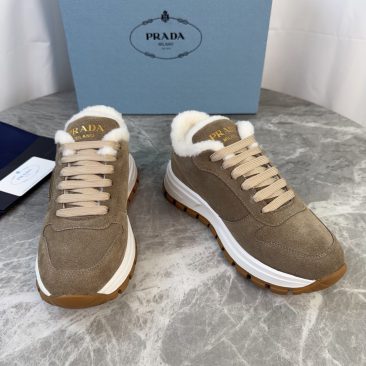 Giày thể thao PRADA nữ màu be nâu lót lông mềm ấm đế TPU nguyên bản cao cấp