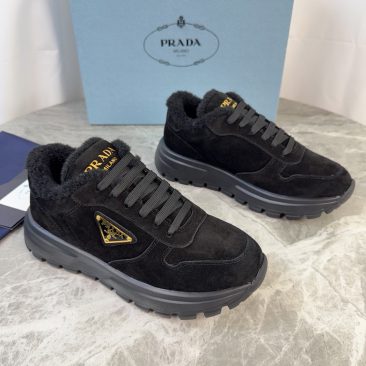Giày thể thao PRADA nữ màu đen lót lông mềm ấm đế TPU nguyên bản cao cấp