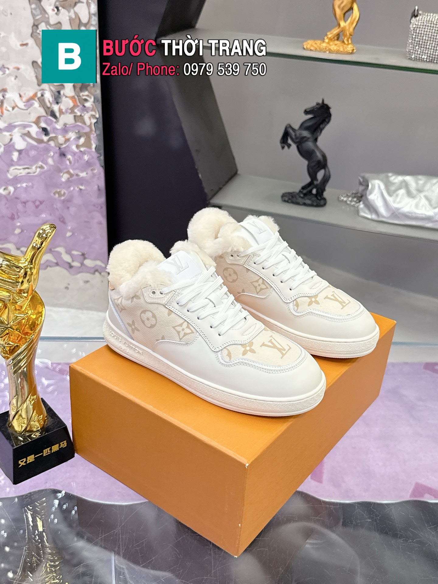 Giày thể thao LV stadium màu be lót lông cừu cao cấp full hộp
