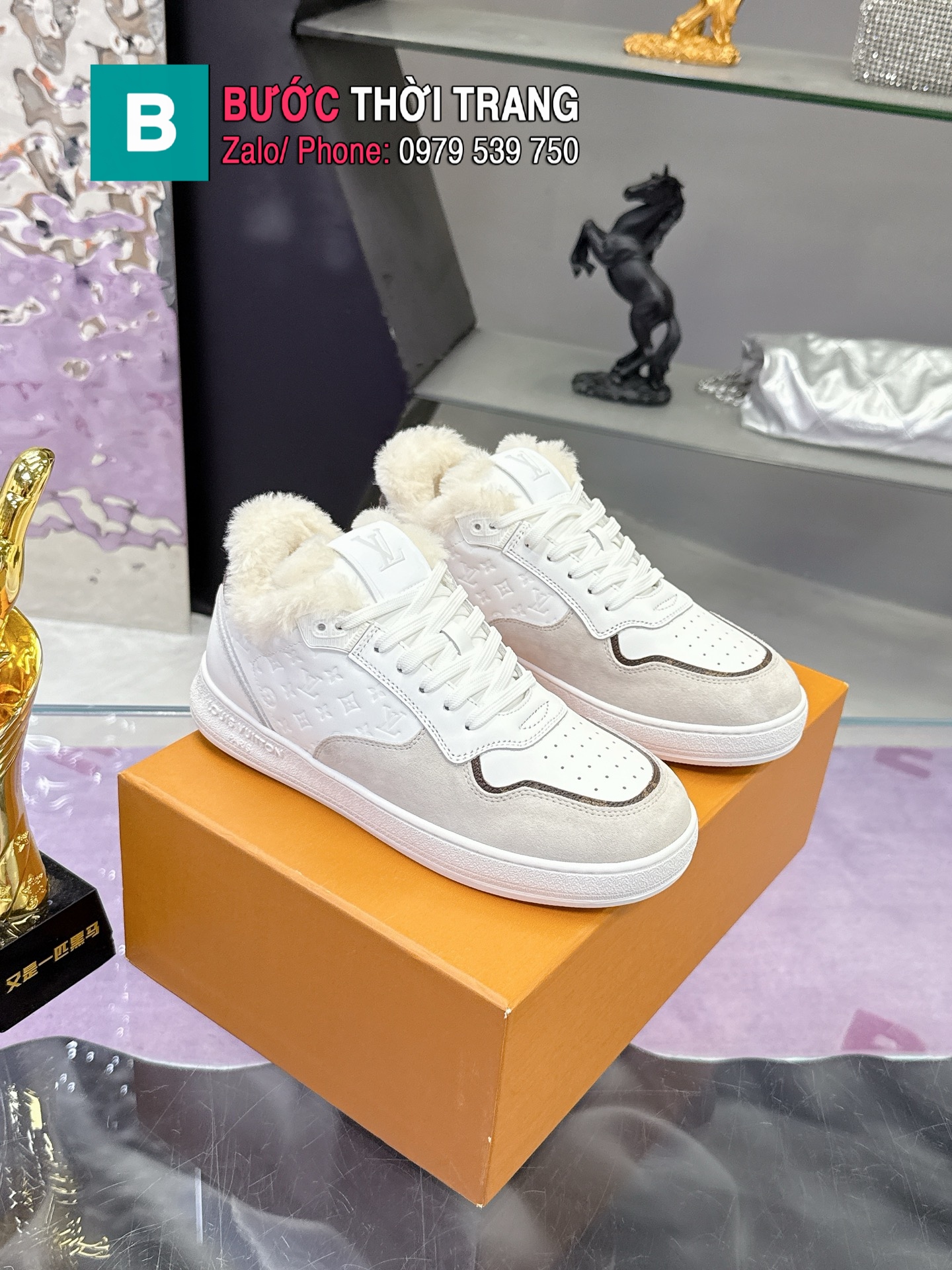 Giày thể thao LV stadium màu ghi trắng lót lông cừu cao cấp full hộp
