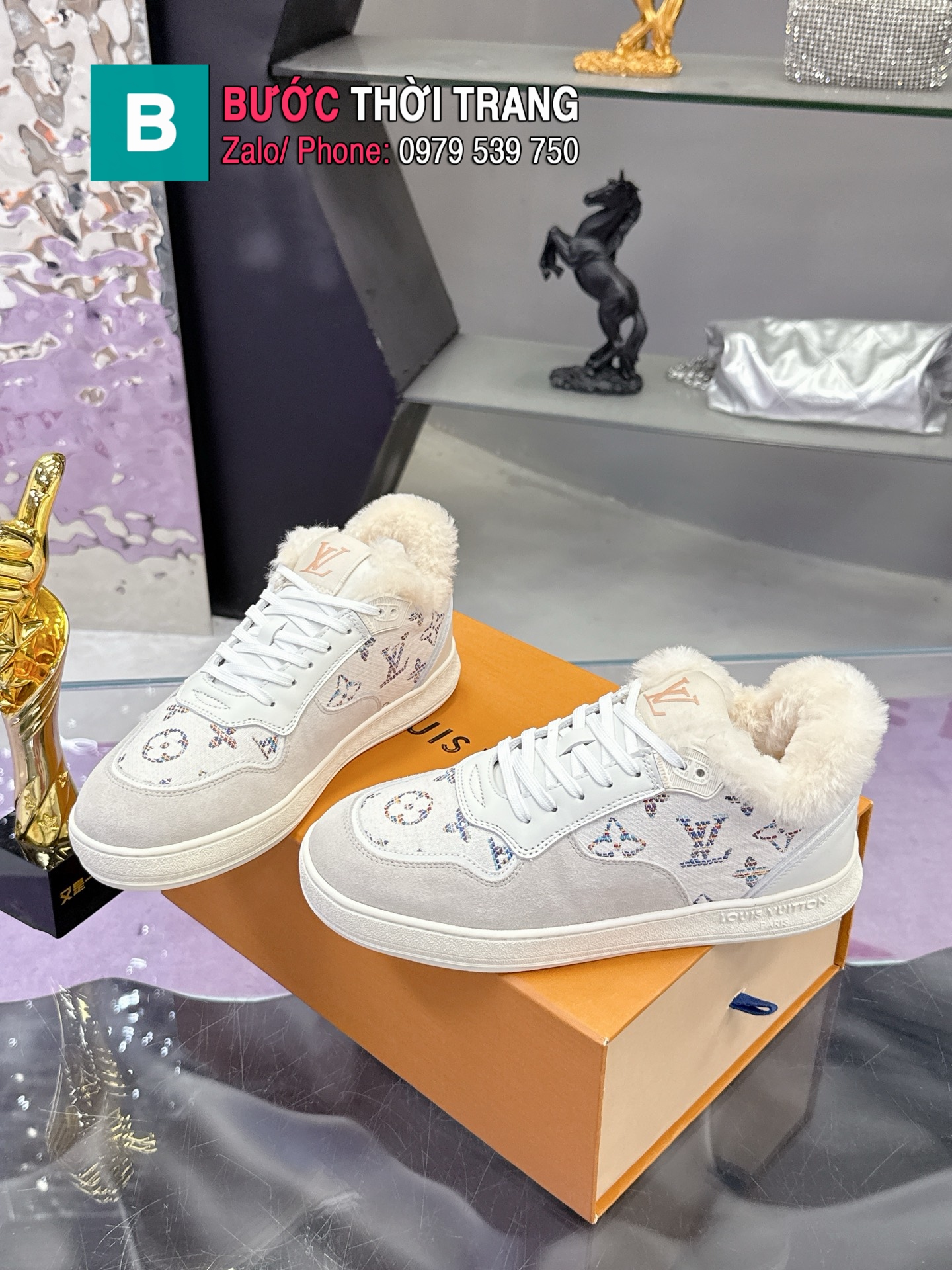 Giày thể thao LV stadium màu ghi trắng lót lông cừu cao cấp full hộp