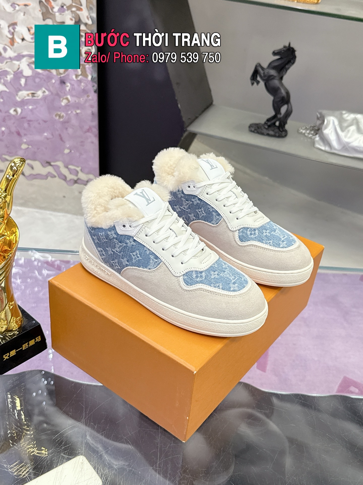 Giày thể thao LV stadium màu xanh lót lông cừu cao cấp full hộp