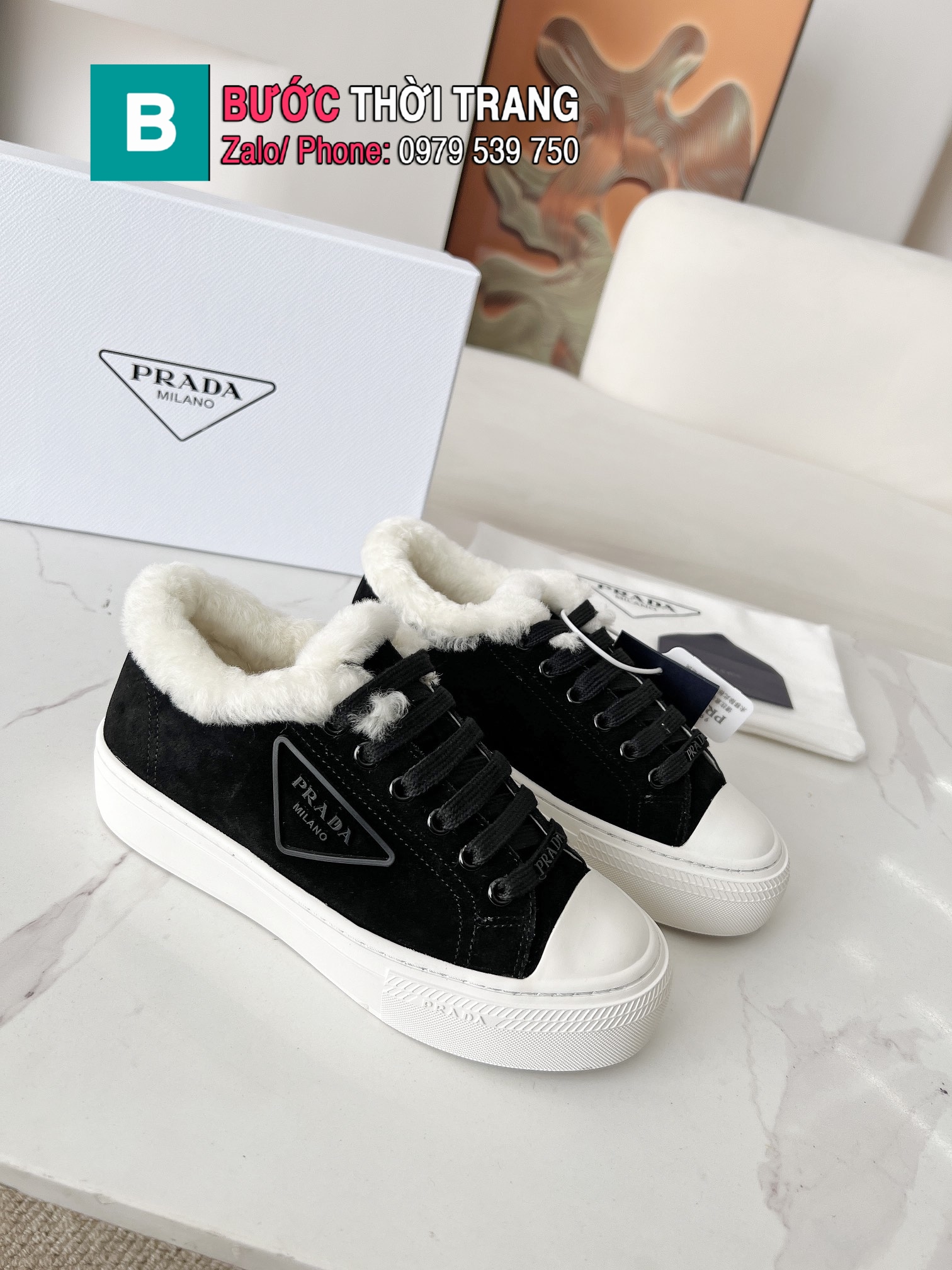 Giày thể thao Prada màu đen lót lông cừu màu trắng mềm êm ấm áp