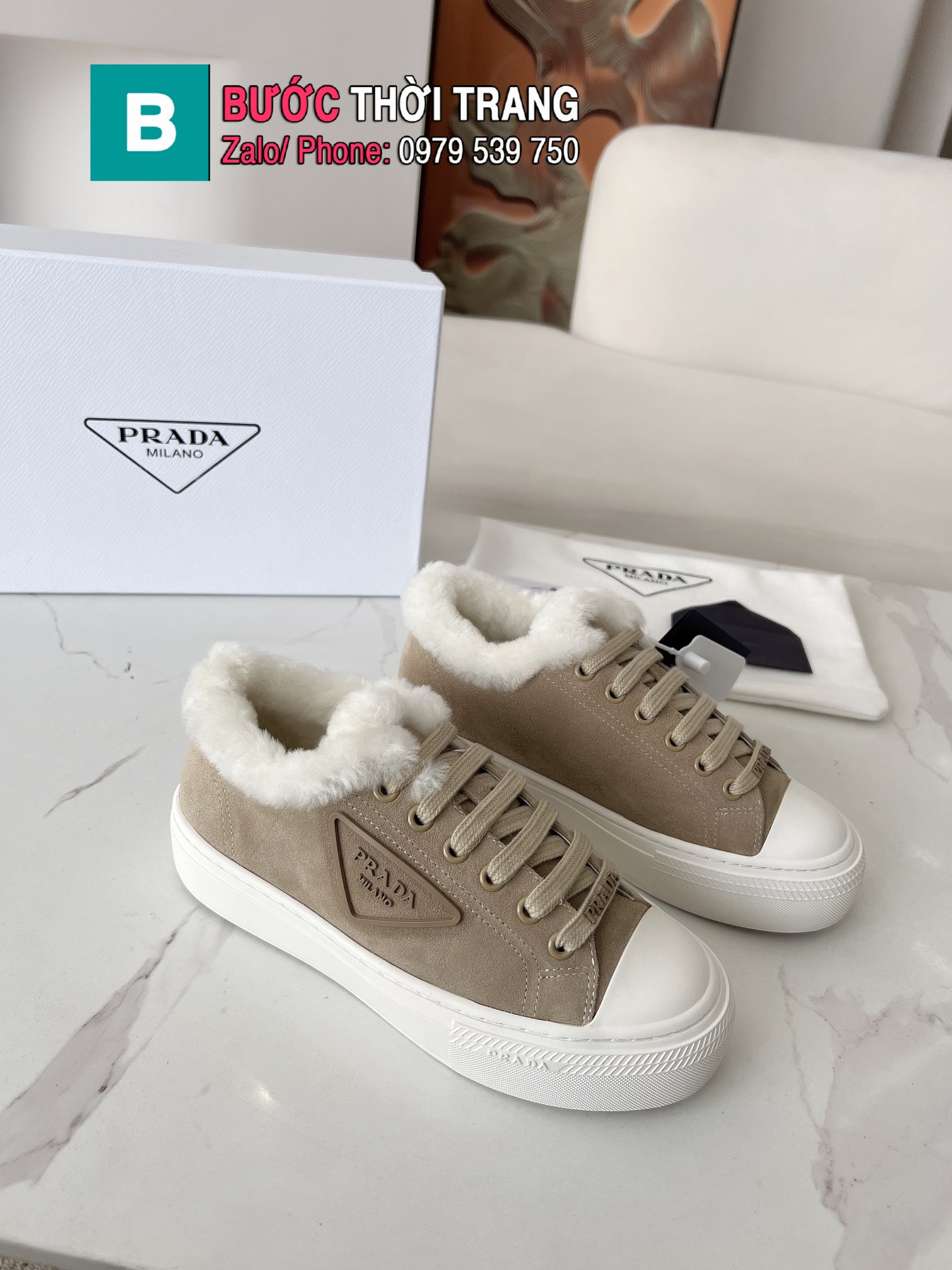 Giày thể thao Prada màu nâu lót lông cừu màu trắng mềm êm ấm áp