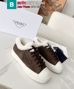 Giày thể thao Prada màu nâu socola lót lông cừu màu trắng mềm êm ấm áp