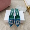 Giày cao gót MANOLO BLAHNlK mũi nhọn màu xanh cao cấp đính ngọc lấp lánh đế cao 5cm