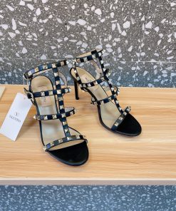 Guốc cao gót VALENTINO màu đen cao cấp họa tiết đinh tán cá tính đế cao 9,5cm