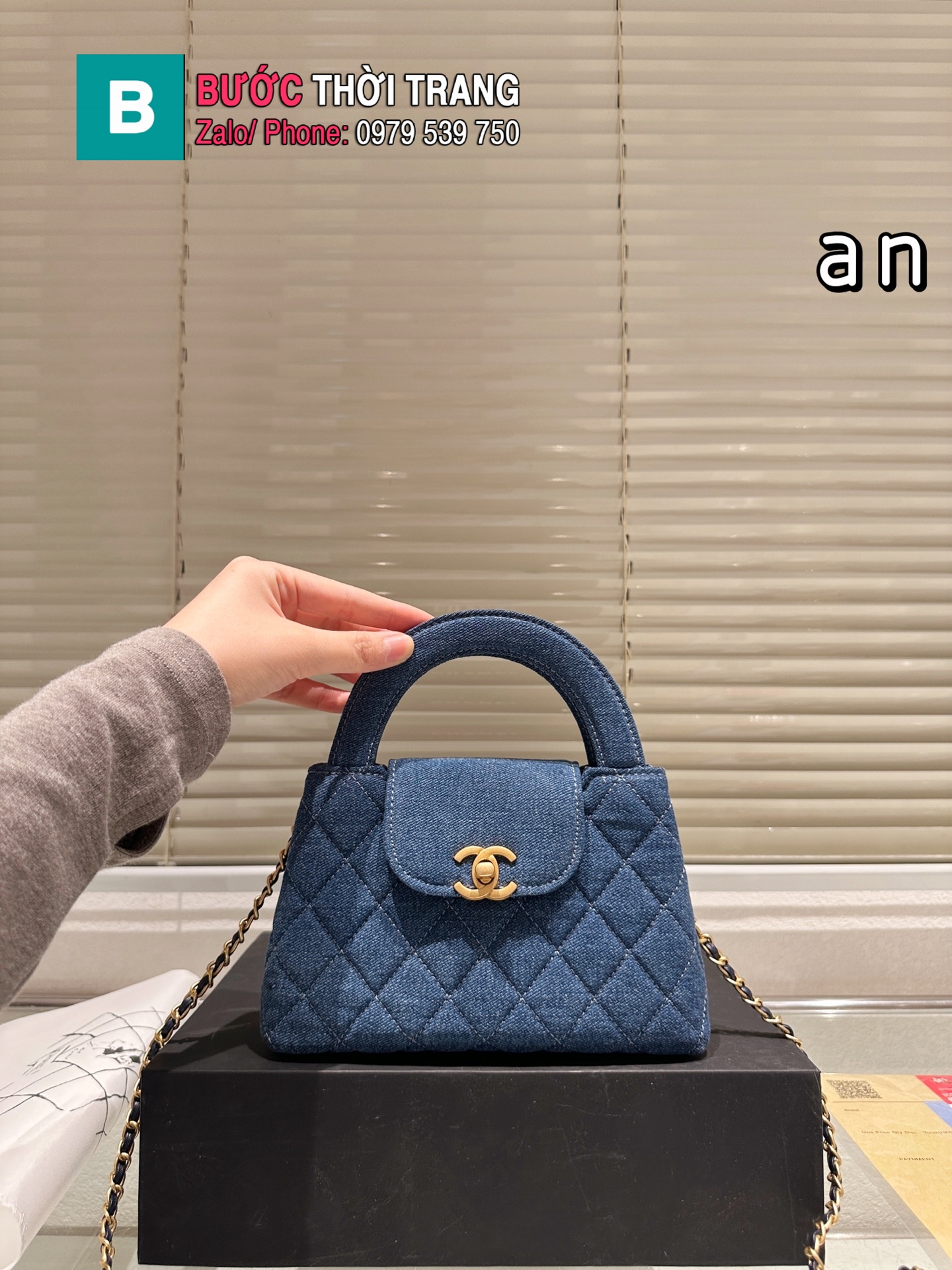 Túi xách CN Kelly màu xanh coban da lộn size 20x12 cm