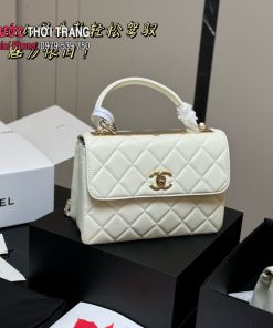 Túi xách CN trendy cc màu trắng tag vàng size 20cm và 25 cm ô trám da mềm