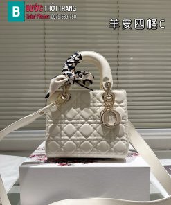 Túi xách đeo chéo Dior*lady màu trắng ngà size 20 cm tag vàng bắt mắt, túi ô trám