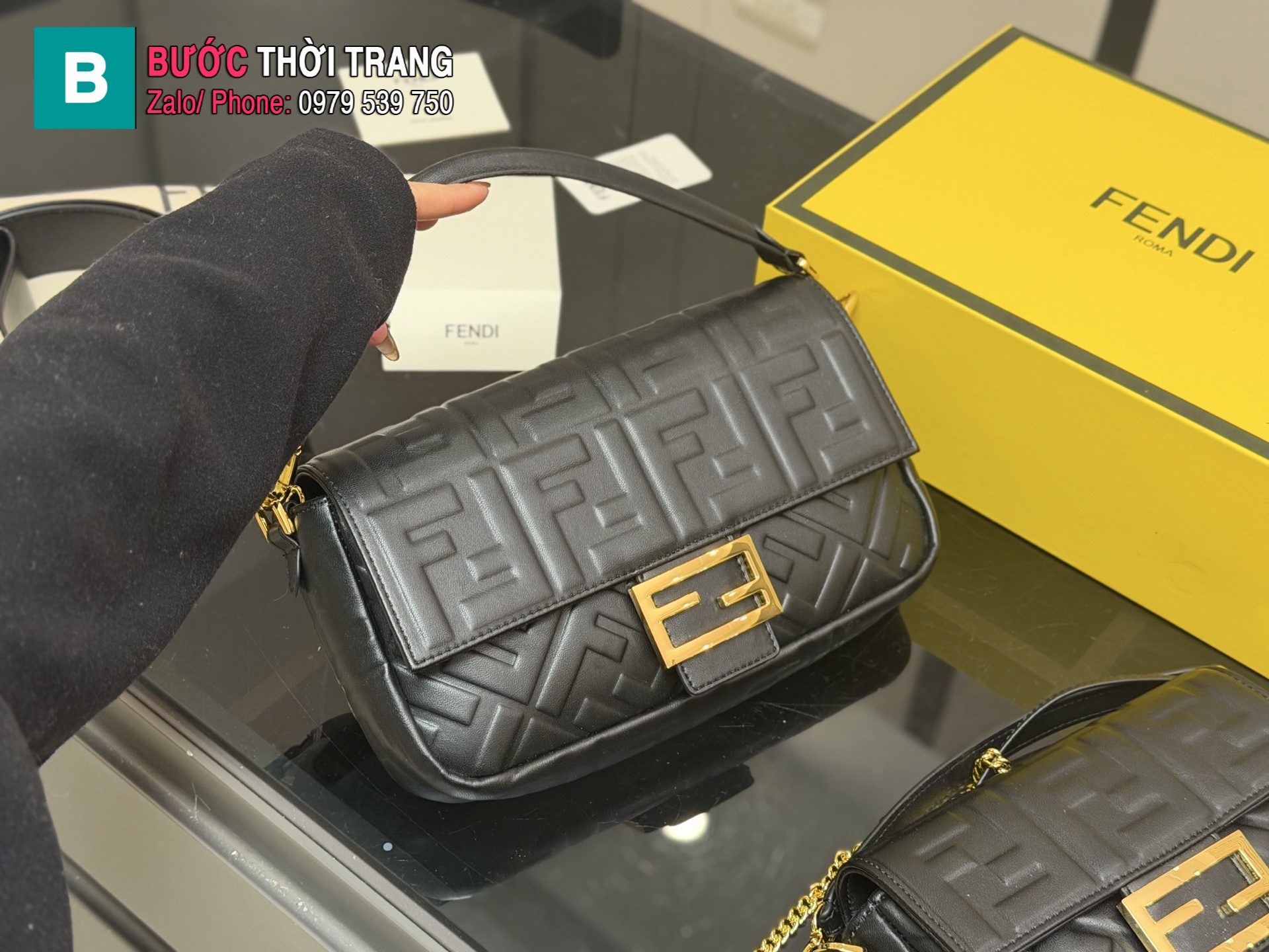 Túi xách nữ FENDI màu đen da bò cao cấp mềm mịn size 25 cm