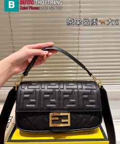 Túi xách nữ FENDI màu đen size 25 cm tag vàng dây đeo chéo bản to cá tính